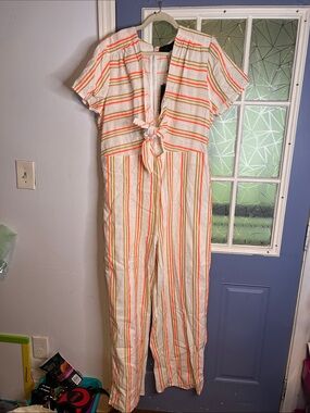 Kendall& Kylie size 12 Striped Tie-Front Jumpsuit in Cream and Orange NWT